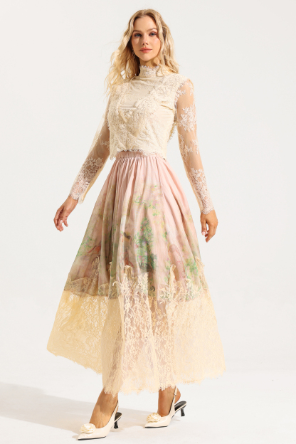 Floral Lace Long Sleeve Top ＆ High Waist Midi Skirt Set