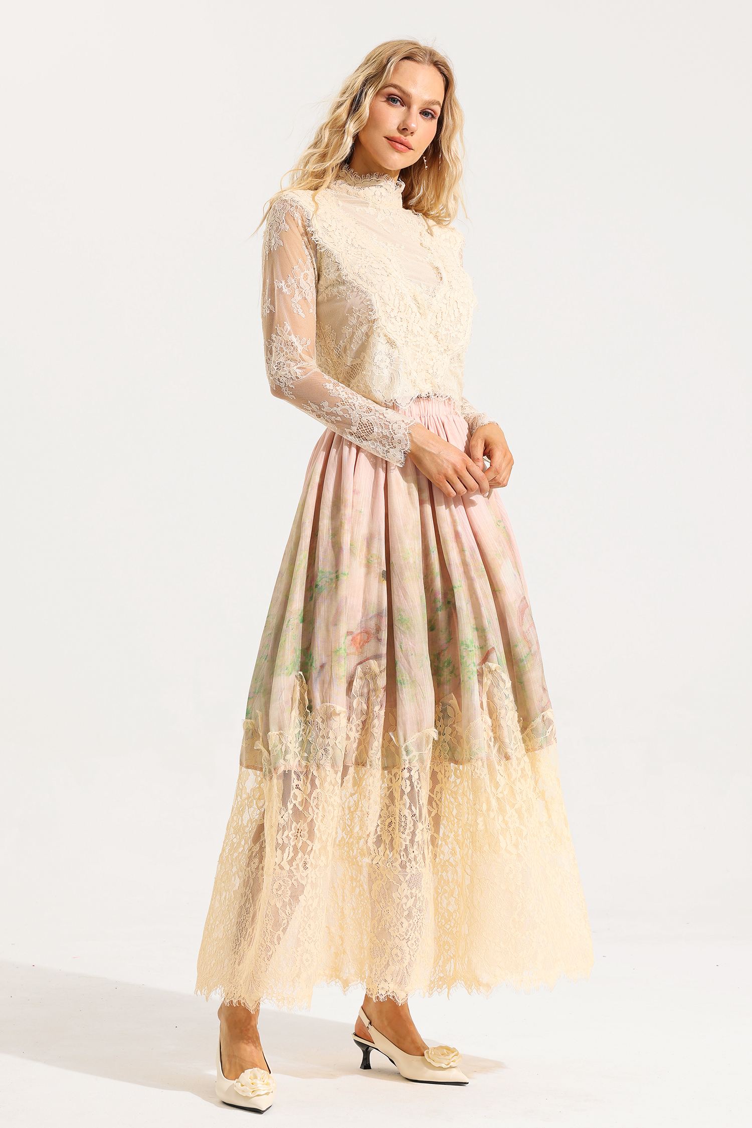 Floral Lace Long Sleeve Top ＆ High Waist Midi Skirt Set