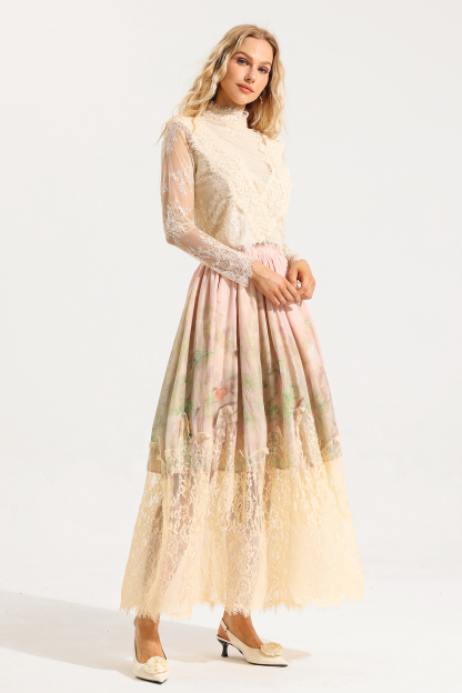 Floral Lace Long Sleeve Top ＆ High Waist Midi Skirt Set
