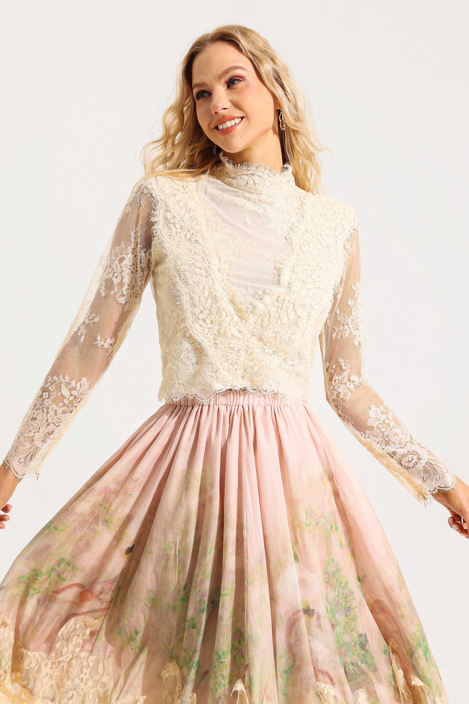 Floral Lace Long Sleeve Top ＆ High Waist Midi Skirt Set