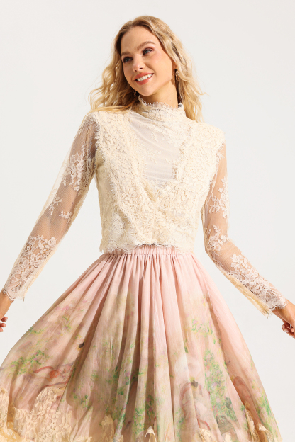 Floral Lace Long Sleeve Top ＆ High Waist Midi Skirt Set