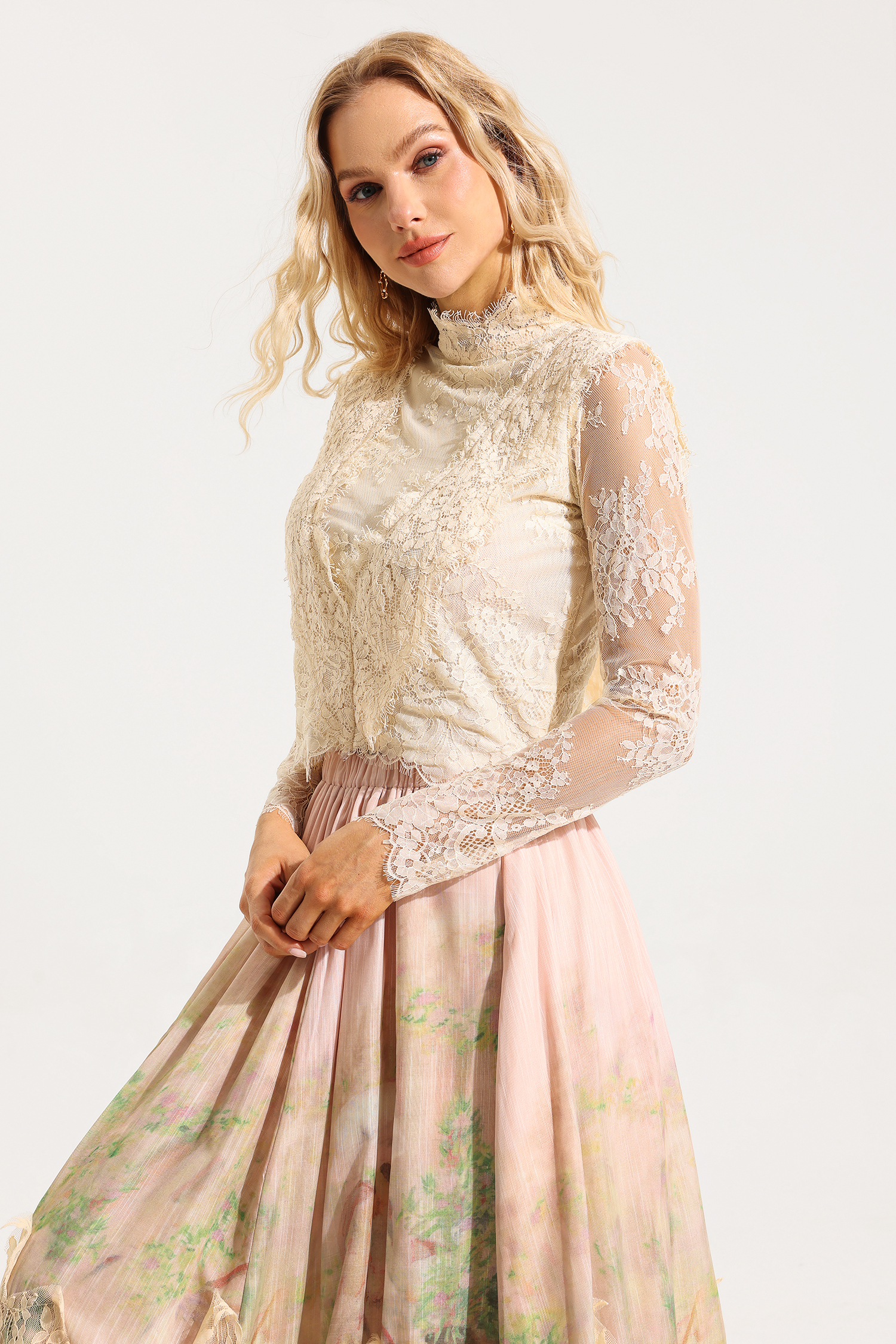 Floral Lace Long Sleeve Top ＆ High Waist Midi Skirt Set