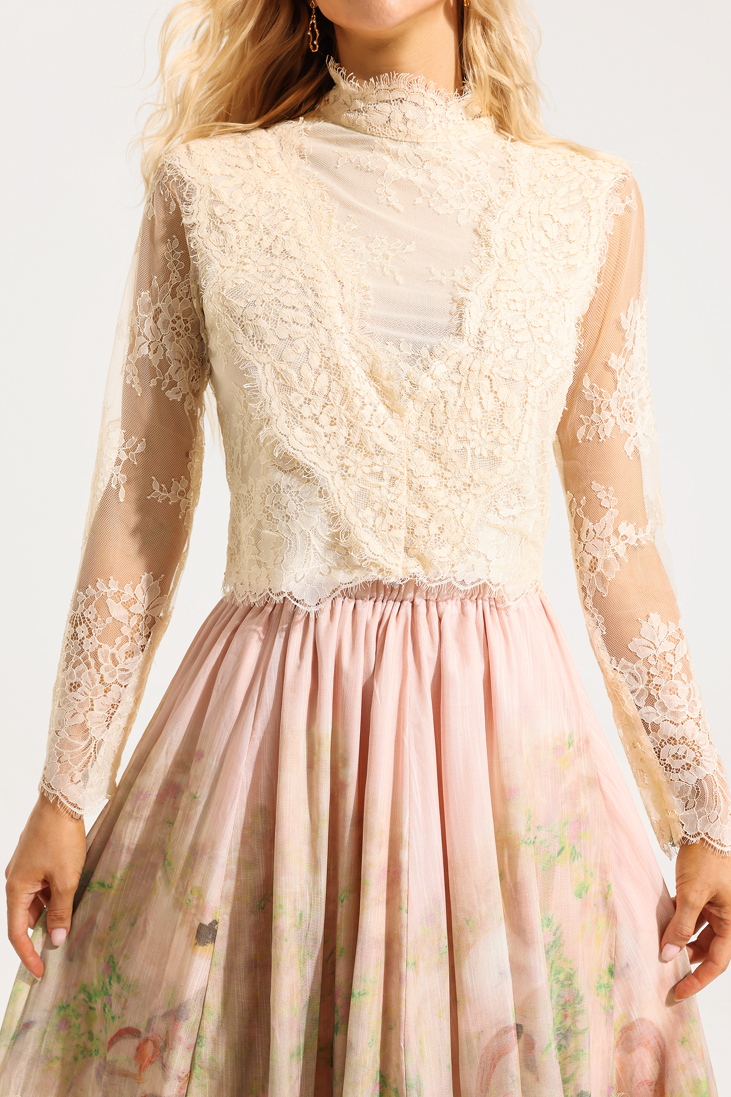 Floral Lace Long Sleeve Top ＆ High Waist Midi Skirt Set