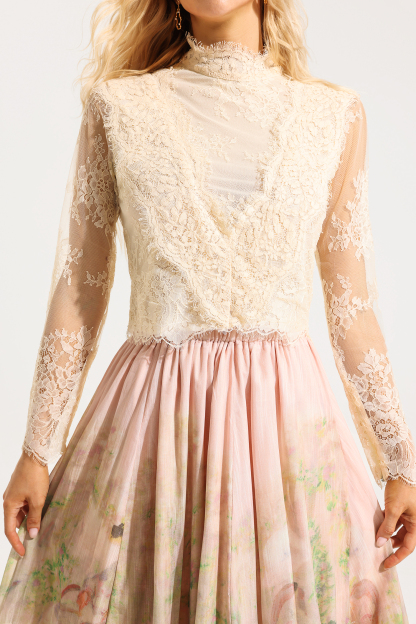 Floral Lace Long Sleeve Top ＆ High Waist Midi Skirt Set