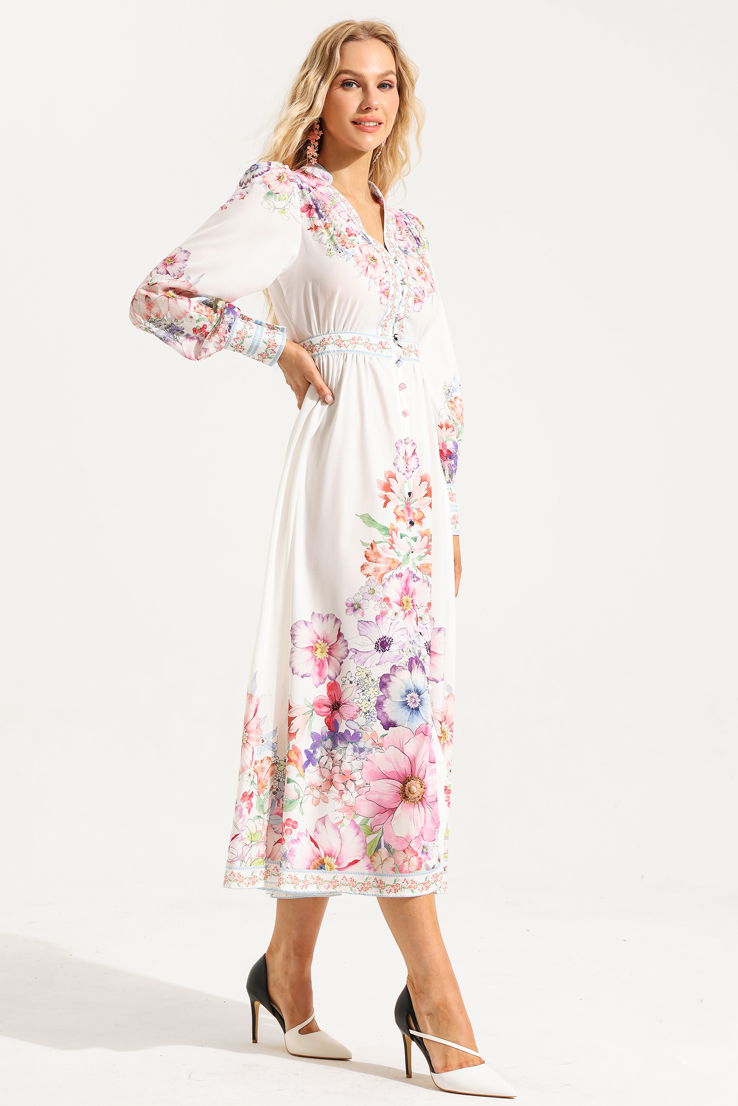 Frill Button Long Sleeve Midi Dress