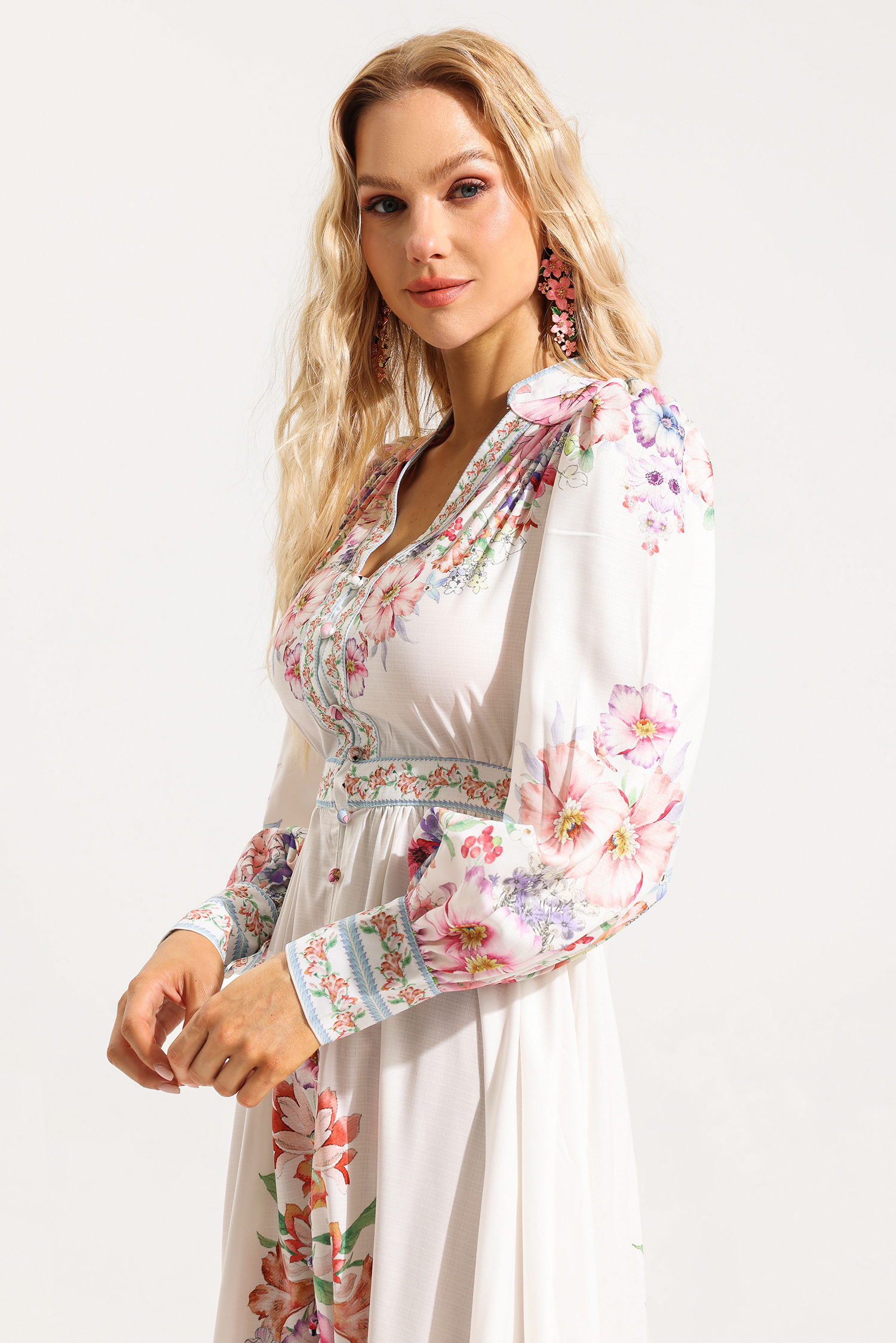 Frill Button Long Sleeve Midi Dress