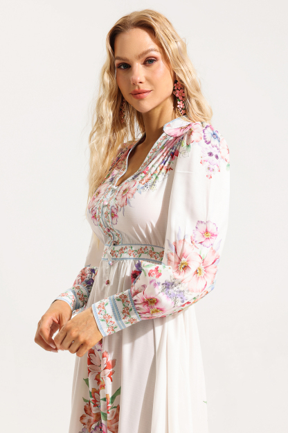 Frill Button Long Sleeve Midi Dress