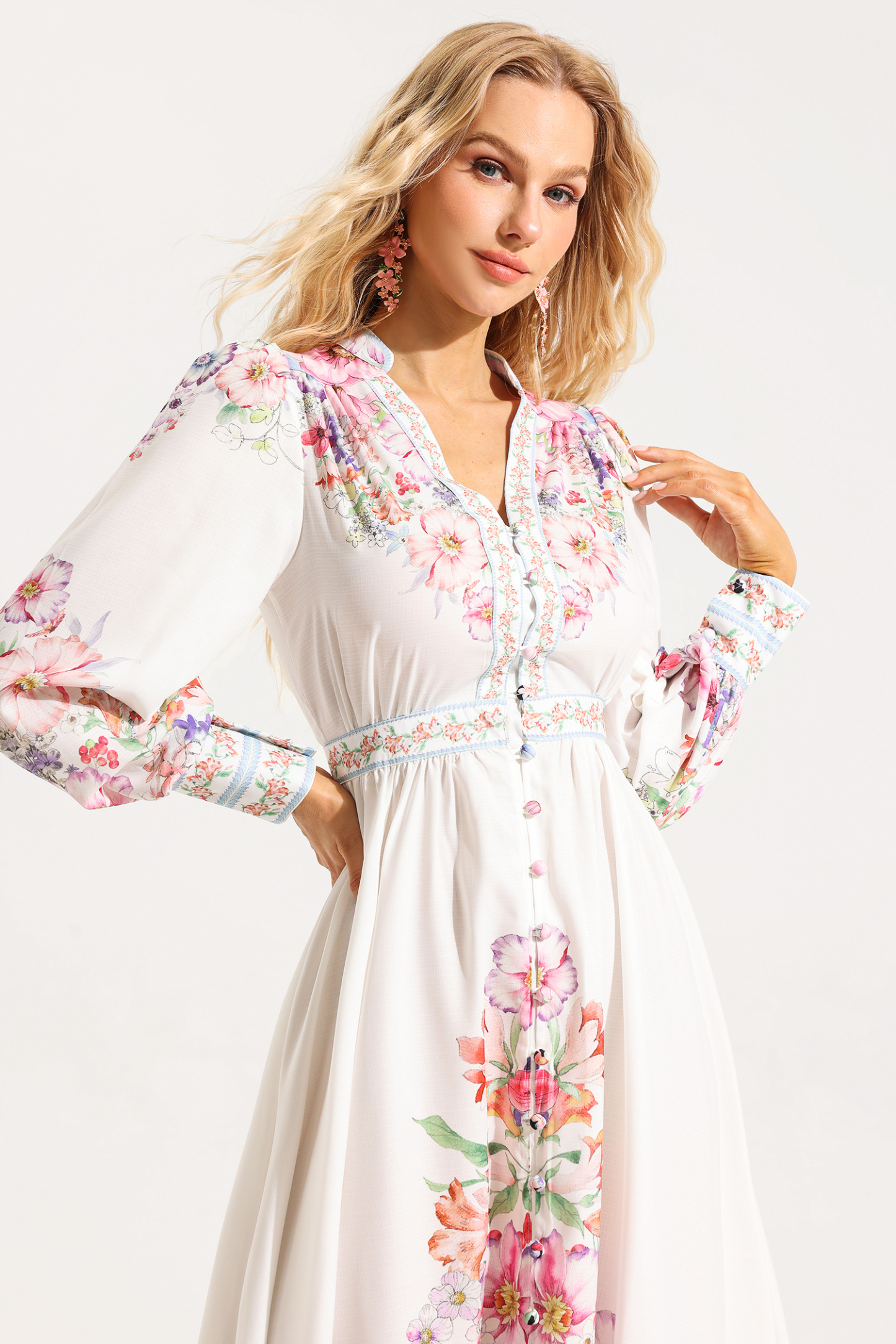 Frill Button Long Sleeve Midi Dress