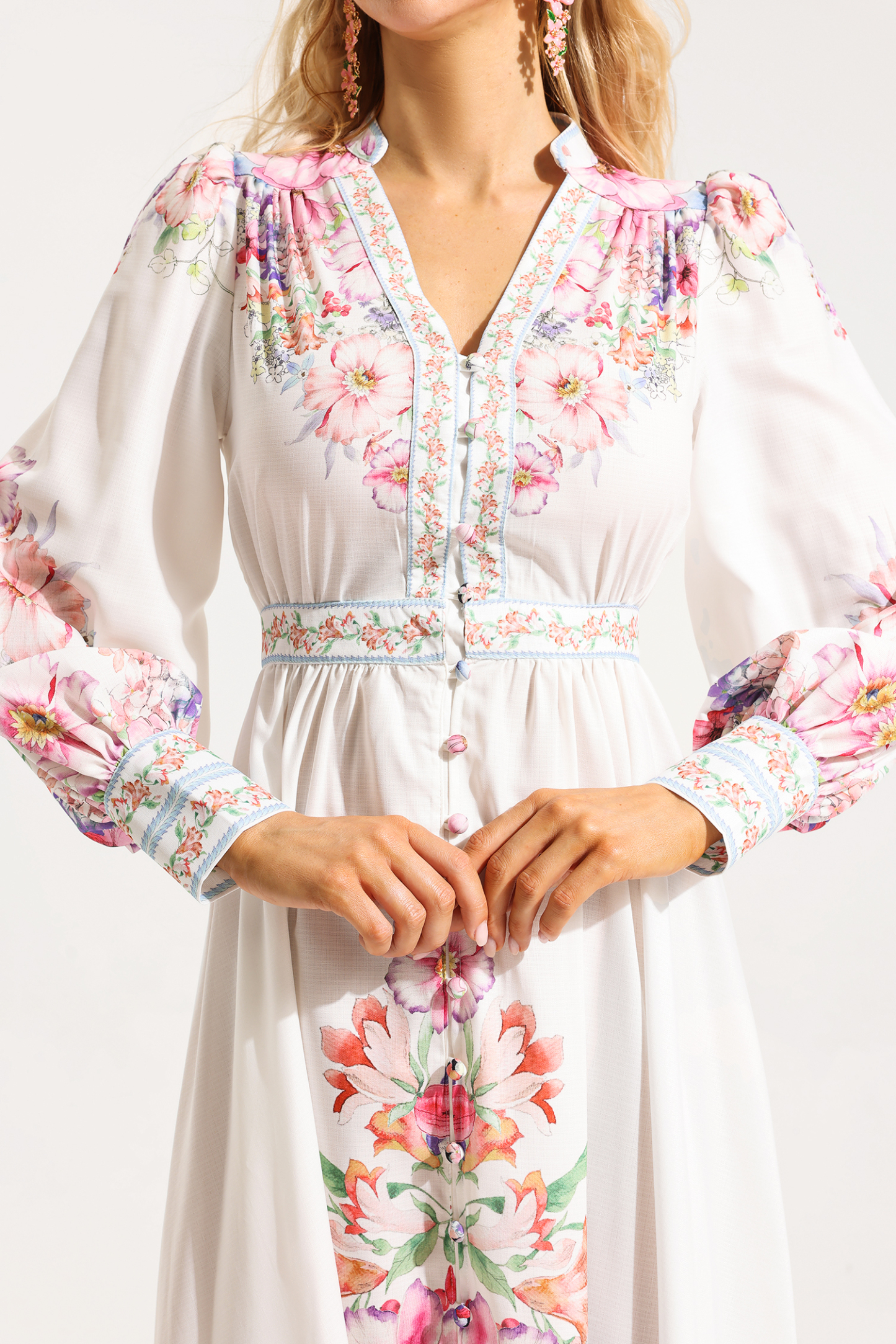 Frill Button Long Sleeve Midi Dress