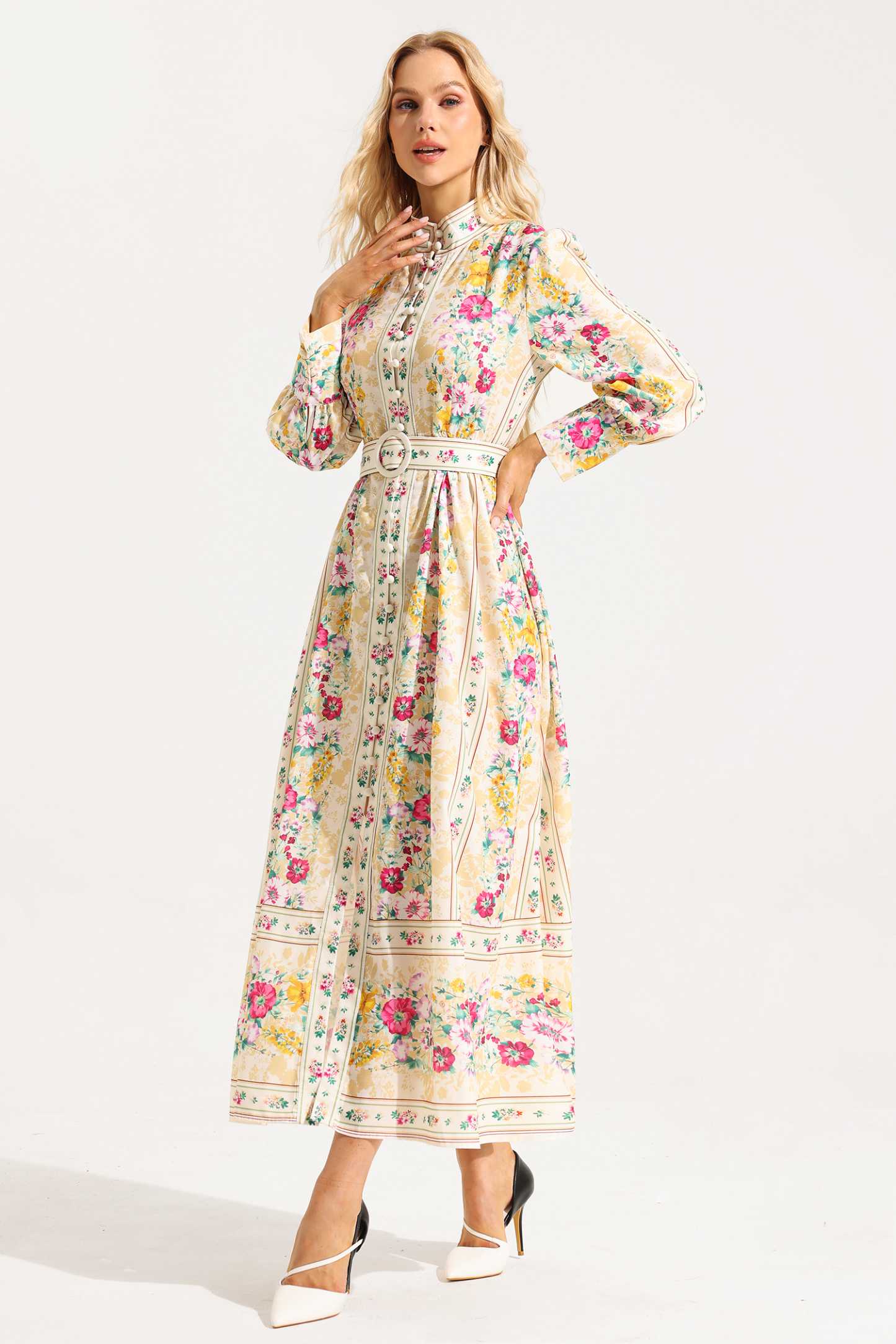 Floral Button Long Sleeve Midi Dress With Belt