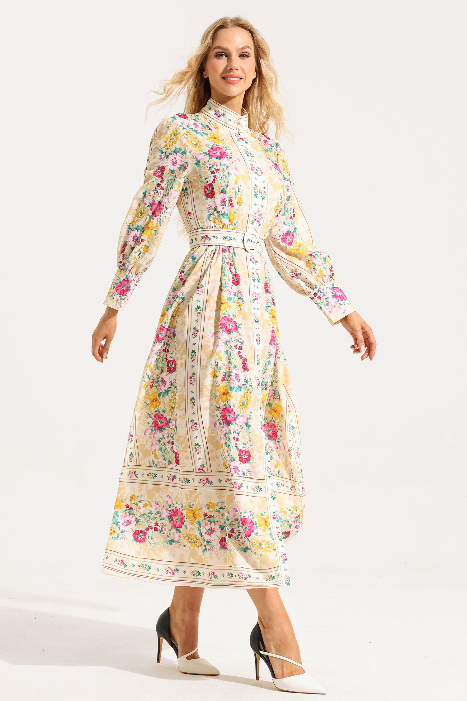 Floral Button Long Sleeve Midi Dress With Belt
