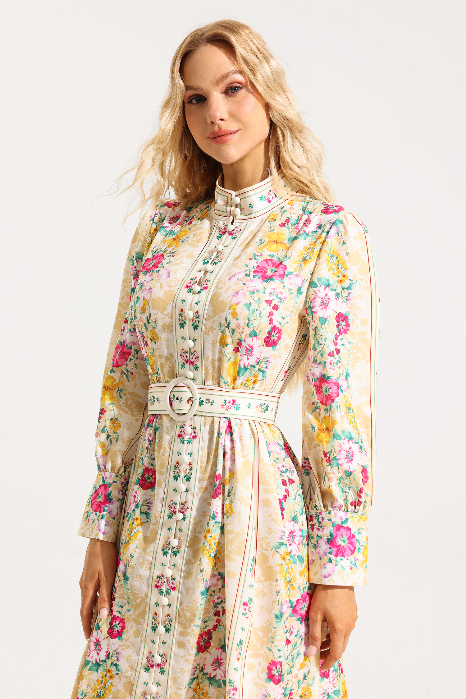Floral Button Long Sleeve Midi Dress With Belt