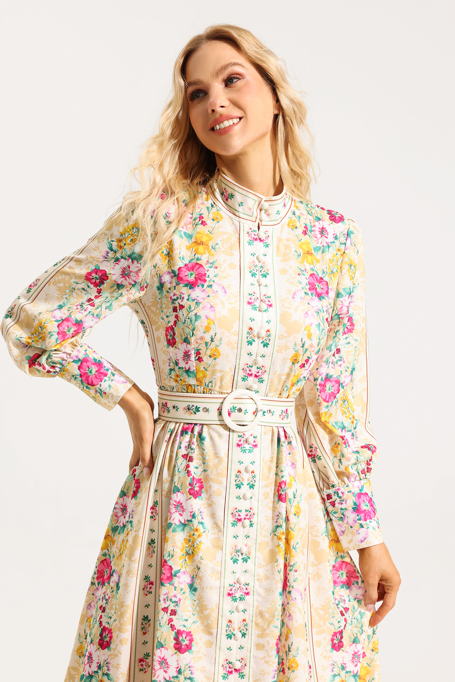 Floral Button Long Sleeve Midi Dress With Belt