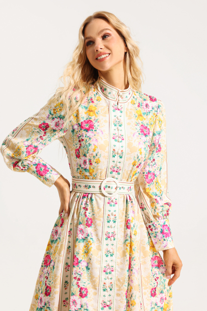 Floral Button Long Sleeve Midi Dress With Belt