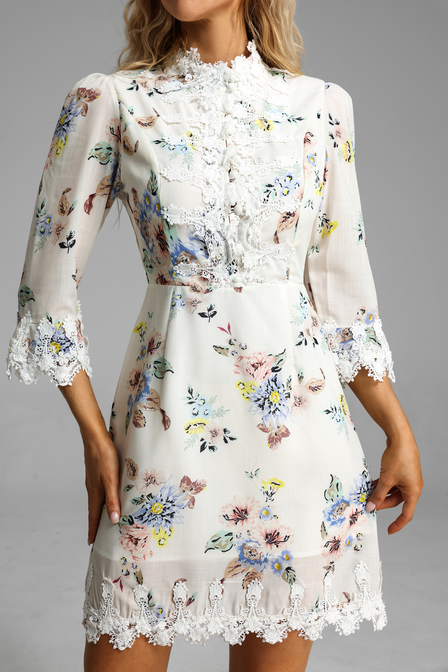 Floral Lace Button Long Sleeve Mini Dress