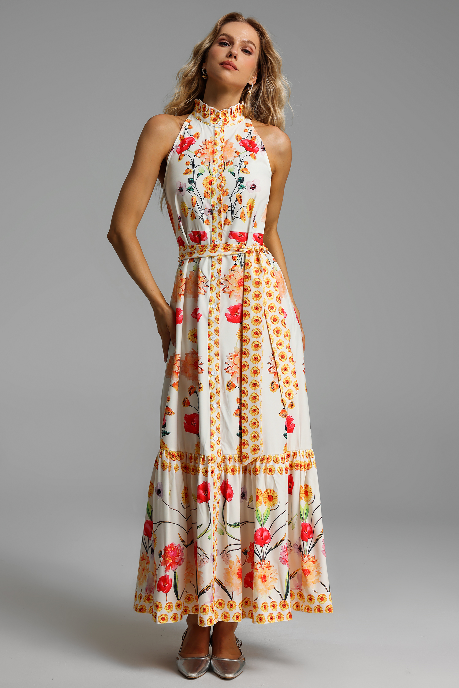 Floral High Collar Sleeveless Buttoned Lace Up Midi Dress