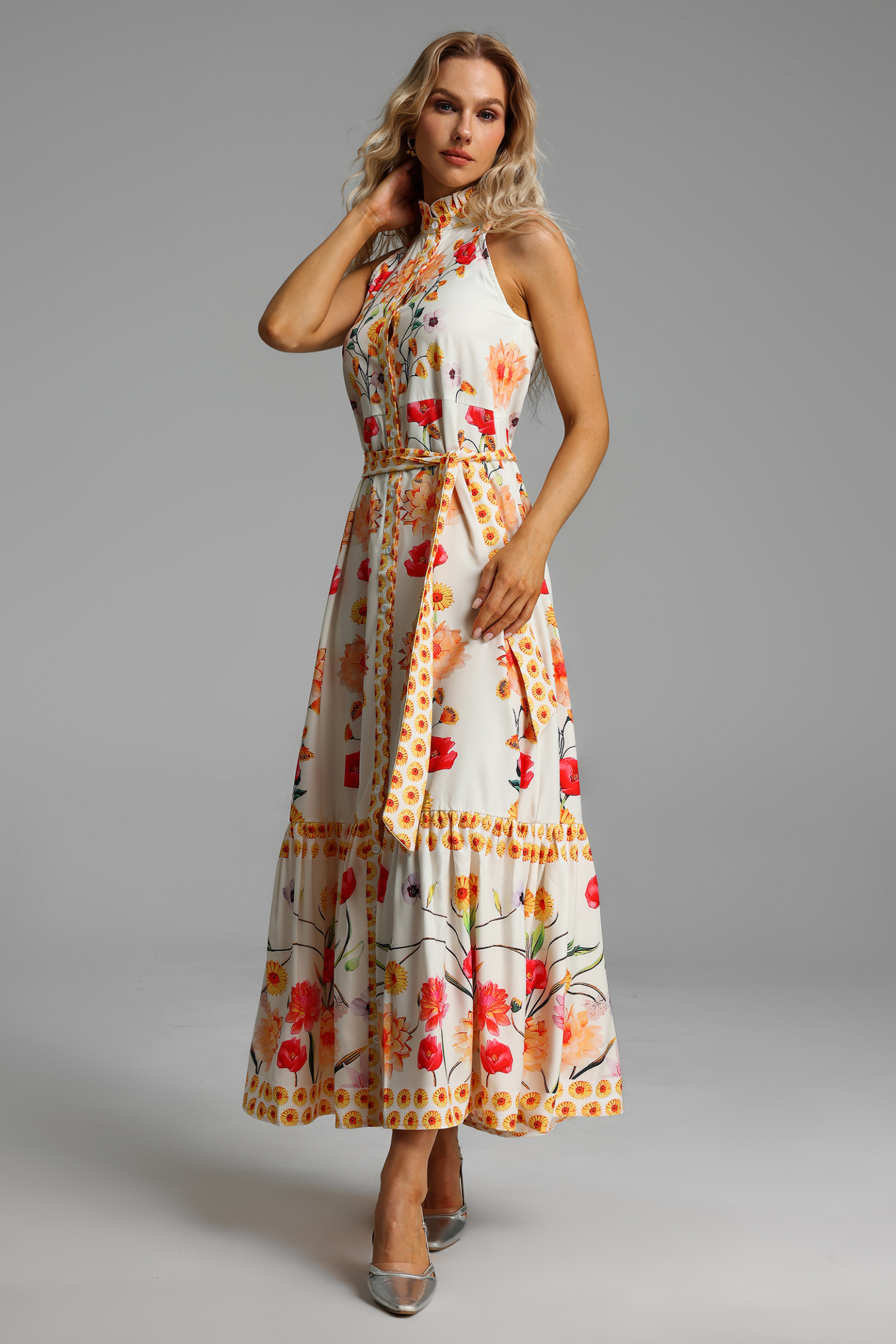 Floral High Collar Sleeveless Buttoned Lace Up Midi Dress