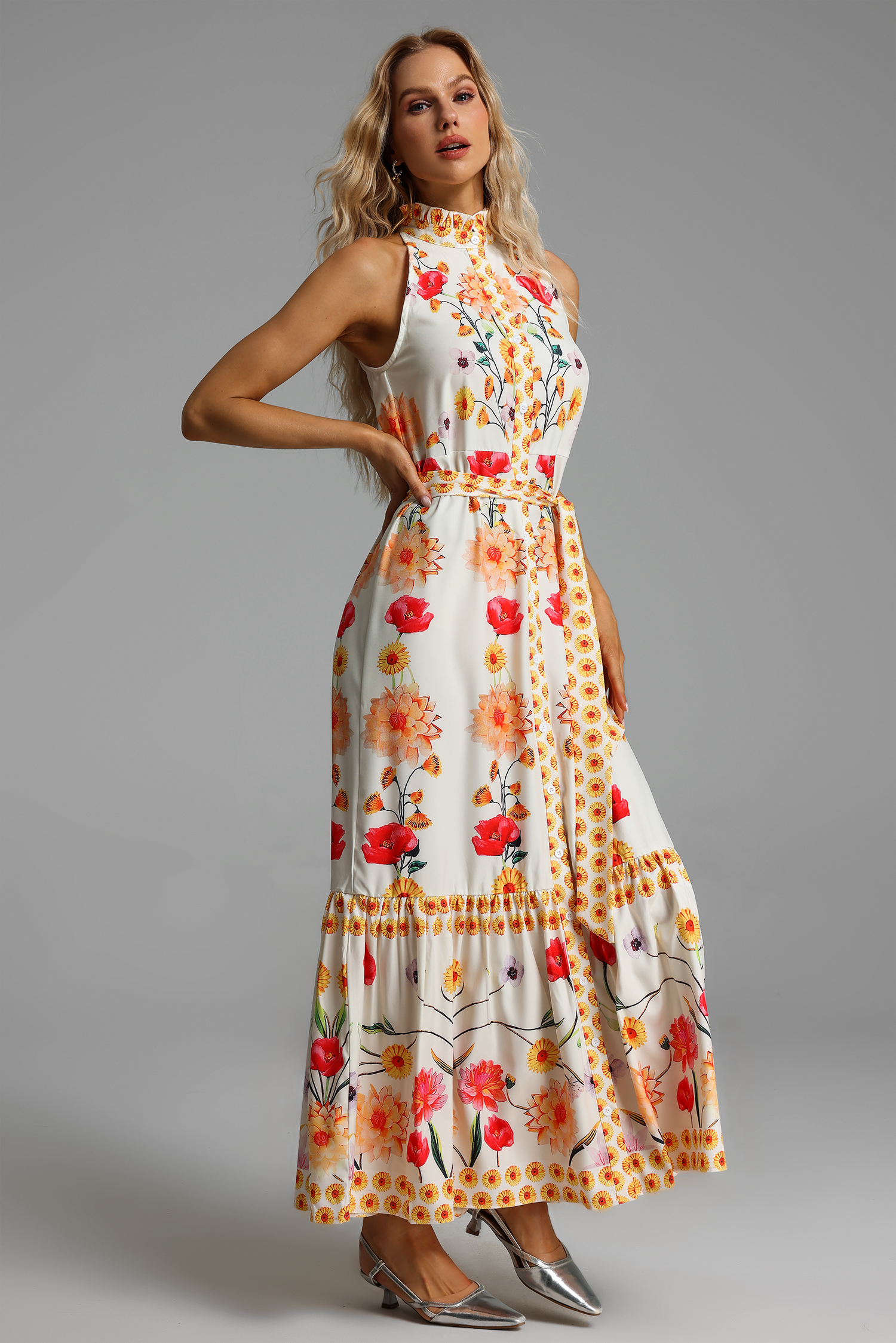 Floral High Collar Sleeveless Buttoned Lace Up Midi Dress