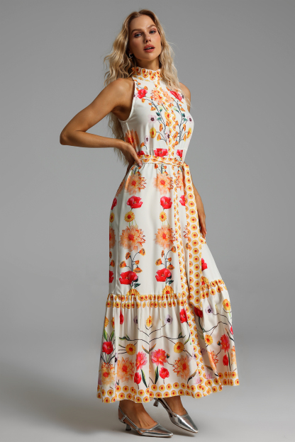 Floral High Collar Sleeveless Buttoned Lace Up Midi Dress