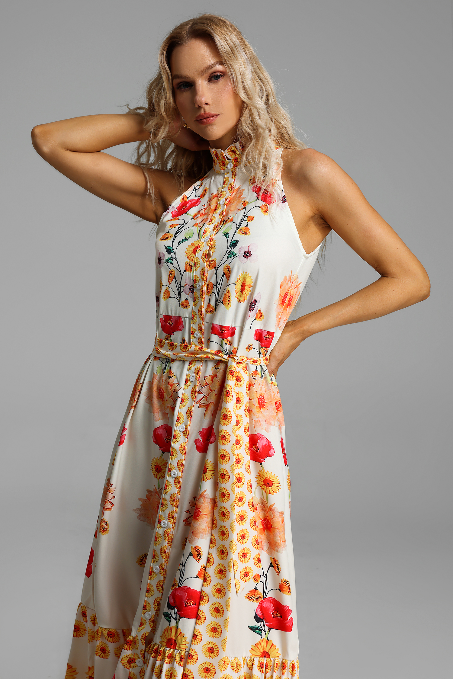 Floral High Collar Sleeveless Buttoned Lace Up Midi Dress