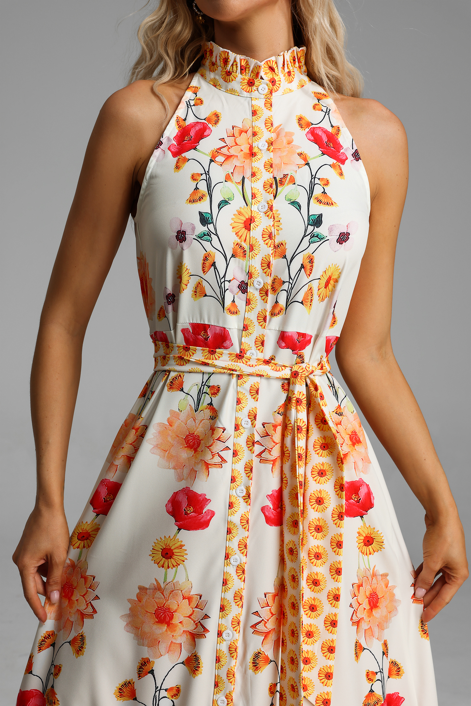 Floral High Collar Sleeveless Buttoned Lace Up Midi Dress