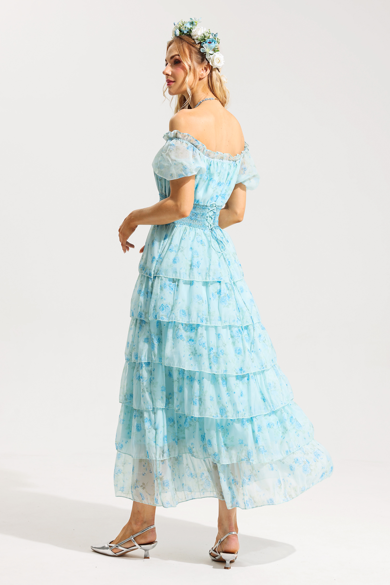 Floral Ruffle Pleated Off-Shoulder Midi Dress