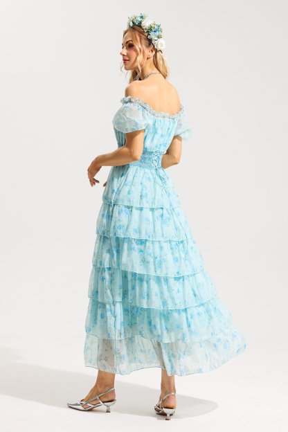 Floral Ruffle Pleated Off-Shoulder Midi Dress