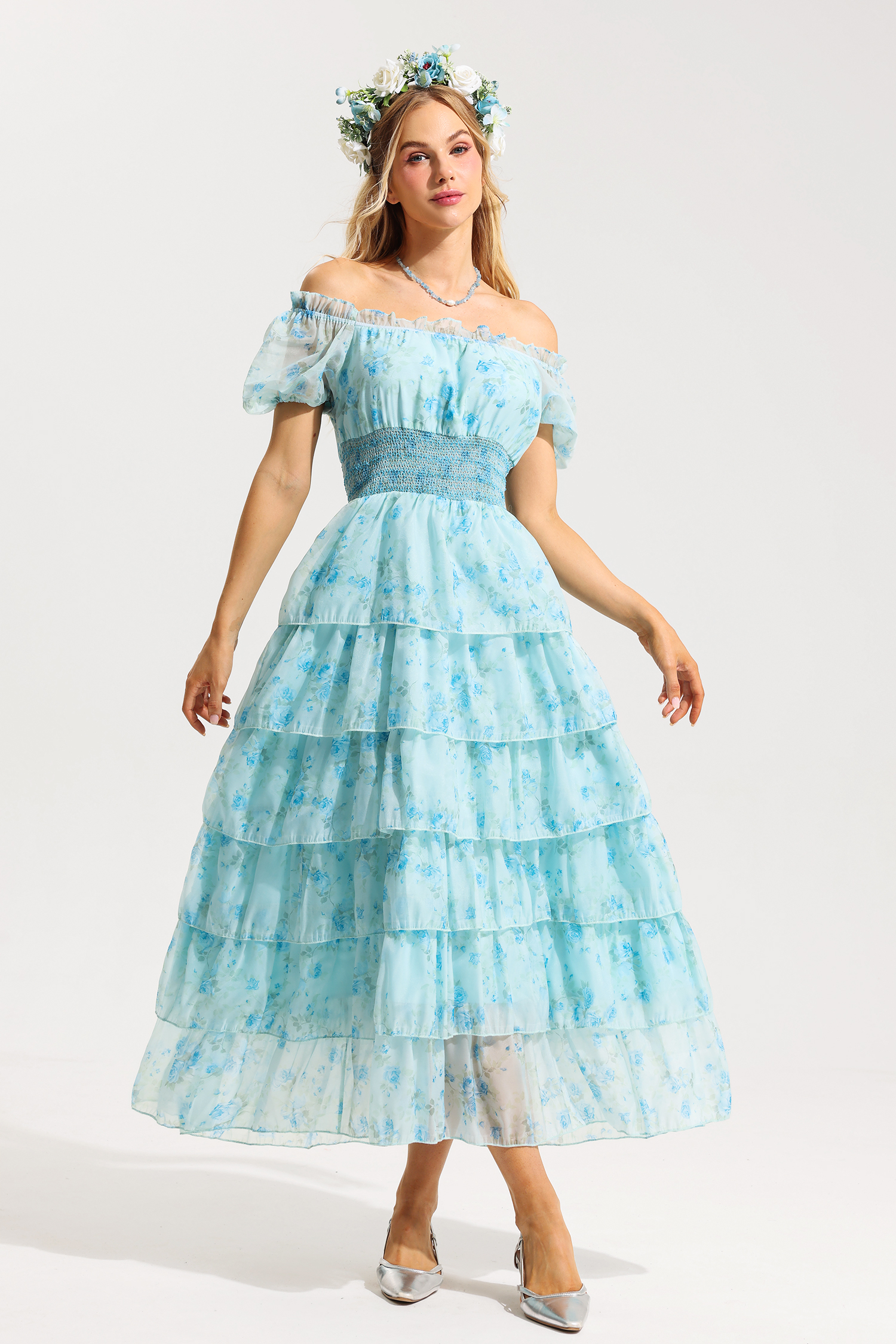 Floral Ruffle Pleated Off-Shoulder Midi Dress