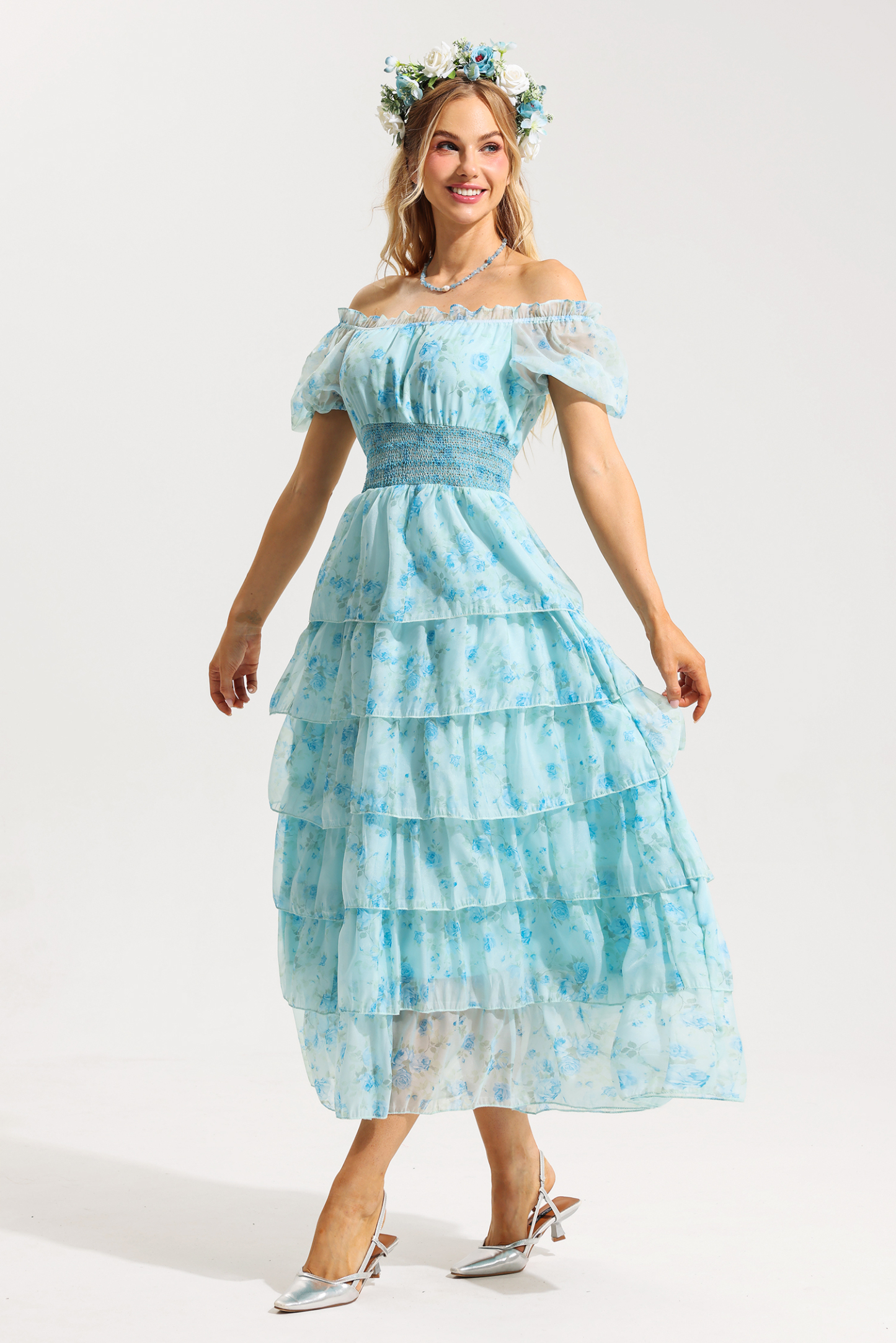 Floral Ruffle Pleated Off-Shoulder Midi Dress