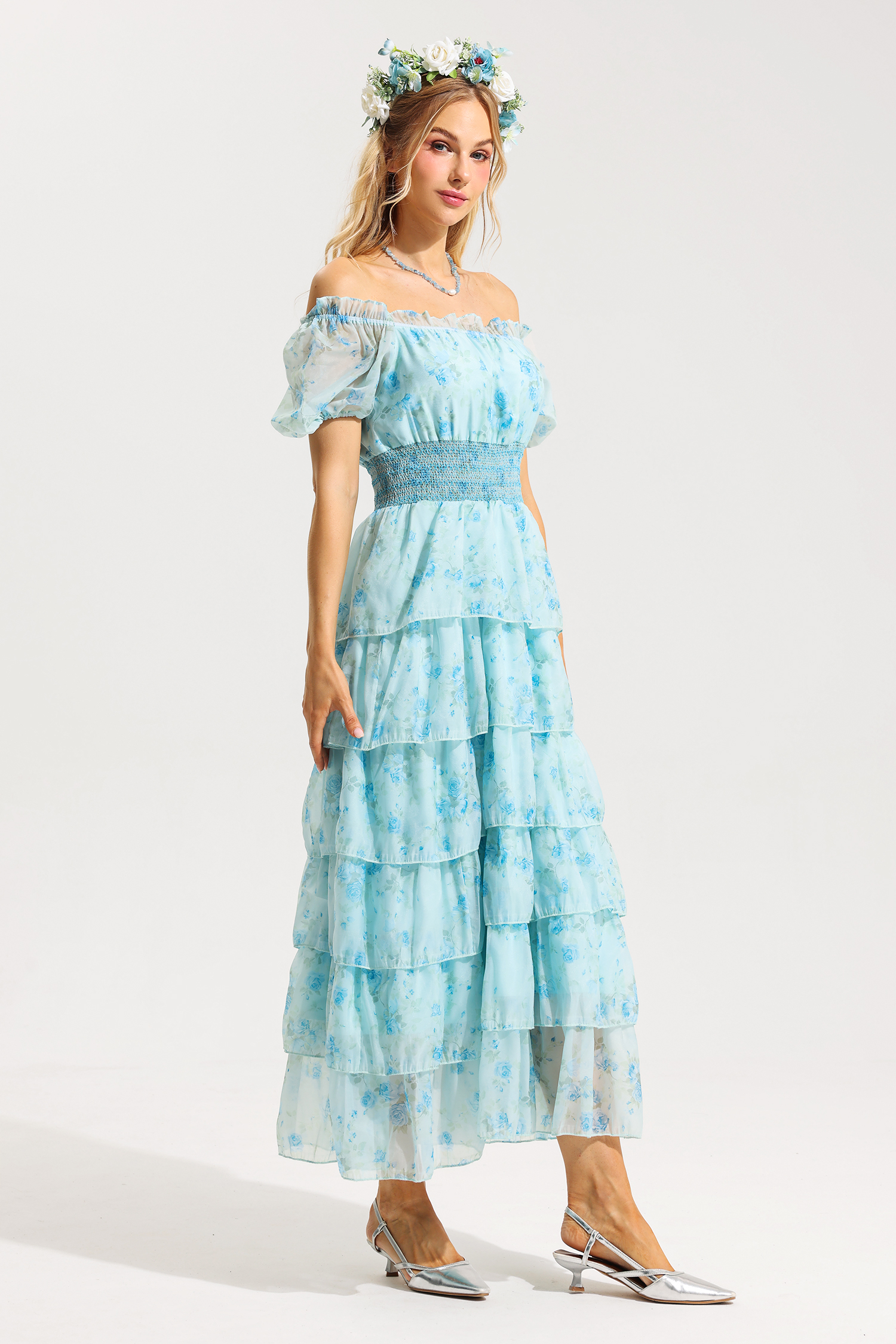 Floral Ruffle Pleated Off-Shoulder Midi Dress