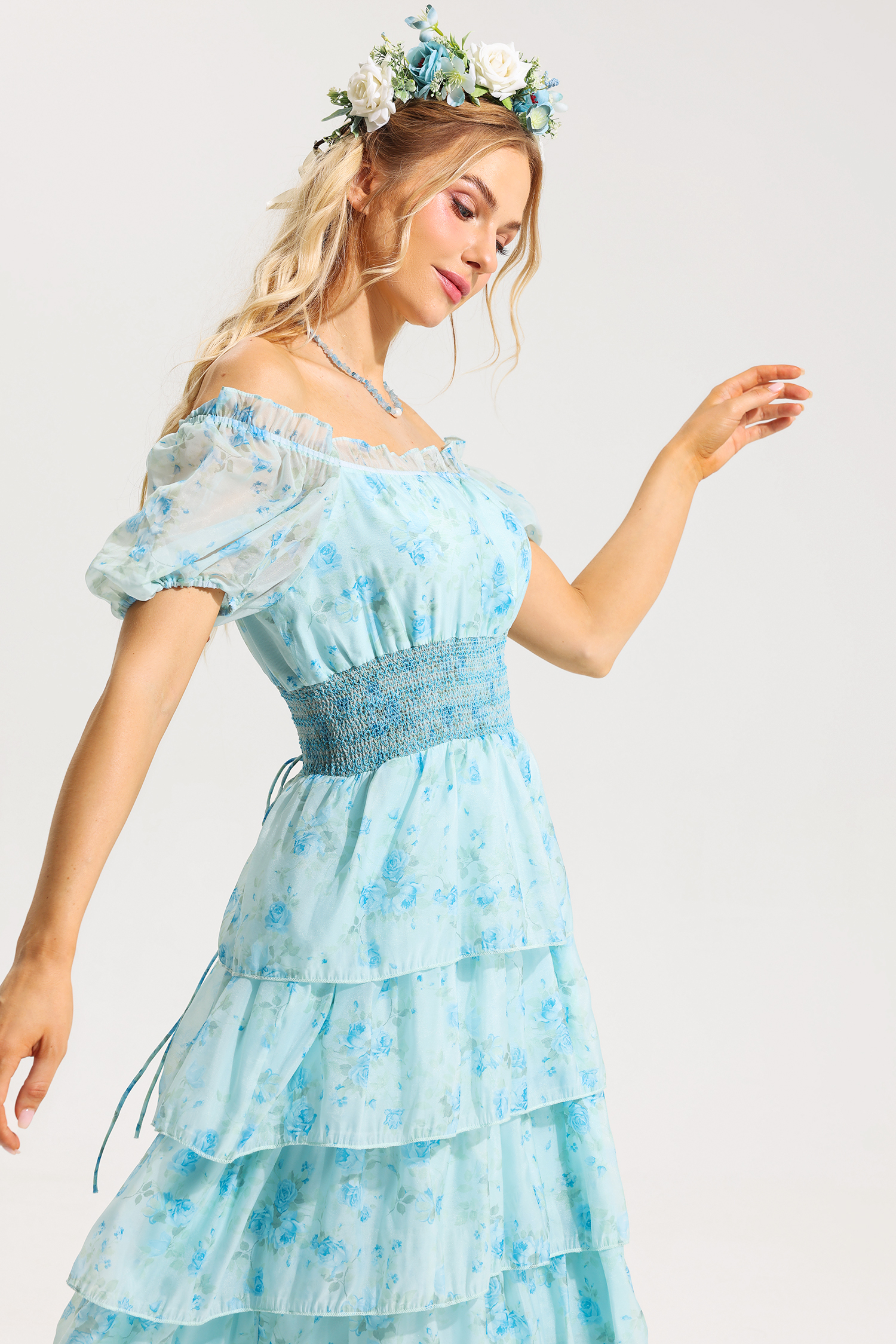 Floral Ruffle Pleated Off-Shoulder Midi Dress