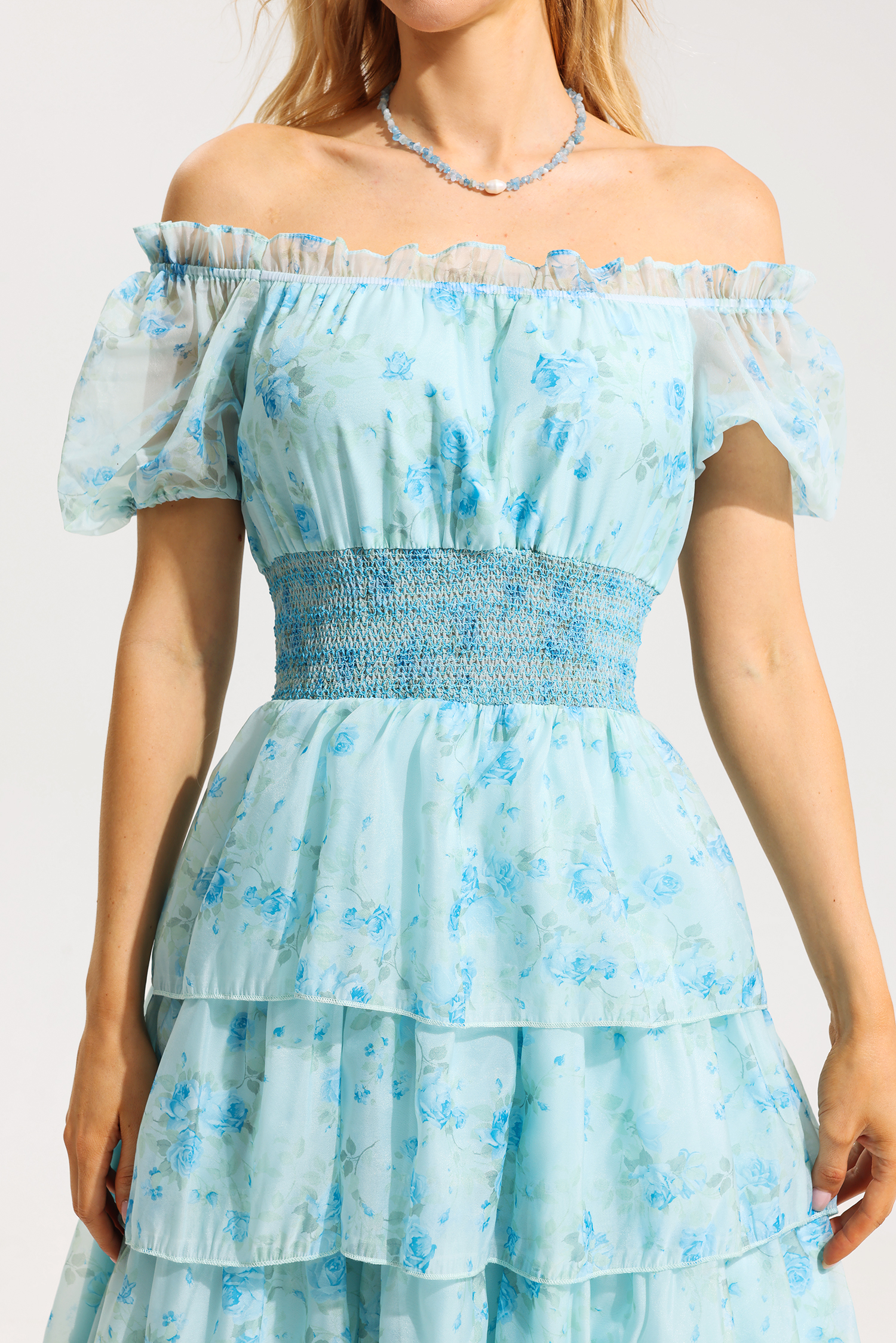 Floral Ruffle Pleated Off-Shoulder Midi Dress