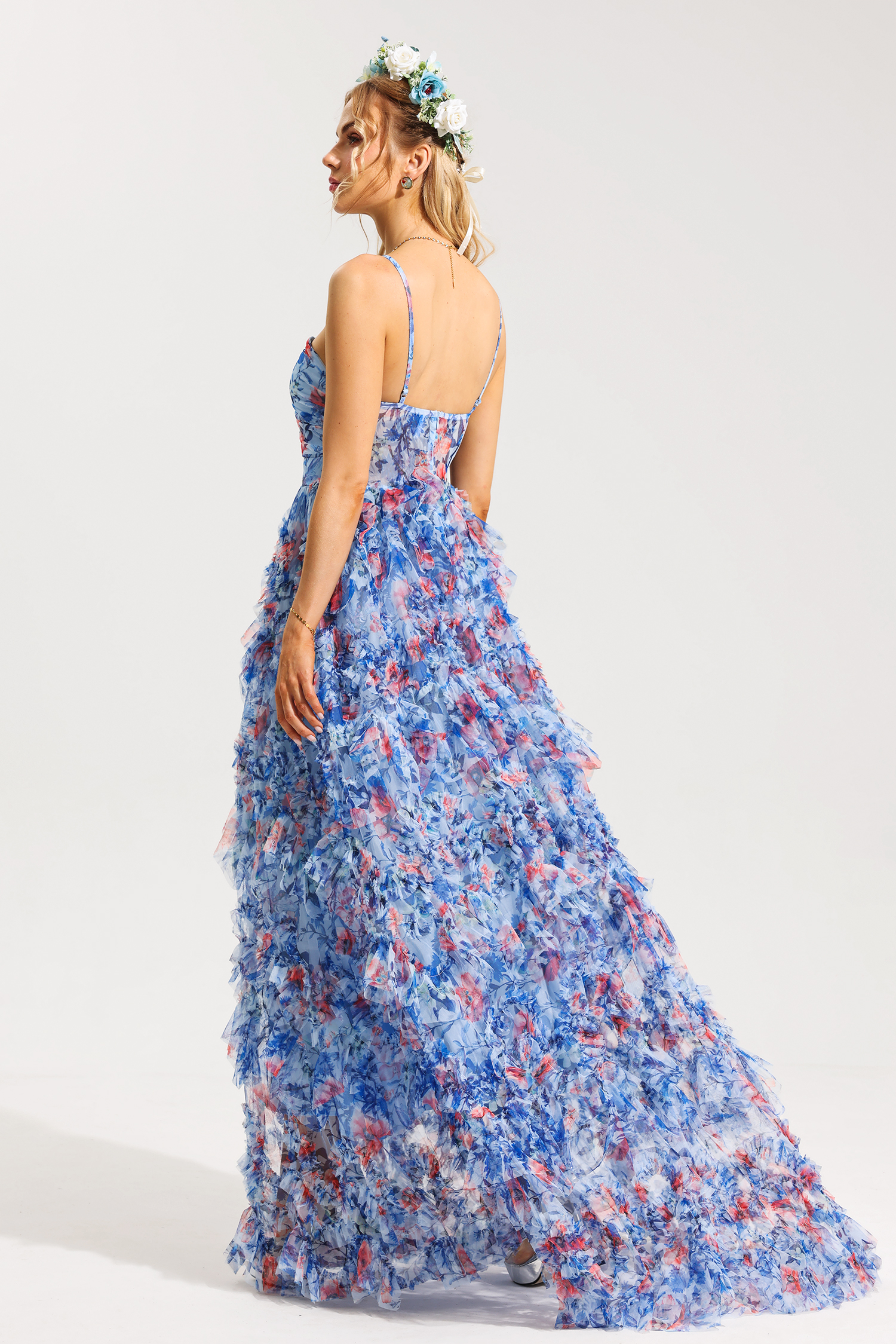 3D Floral Halter Neck Frill Maxi Dress