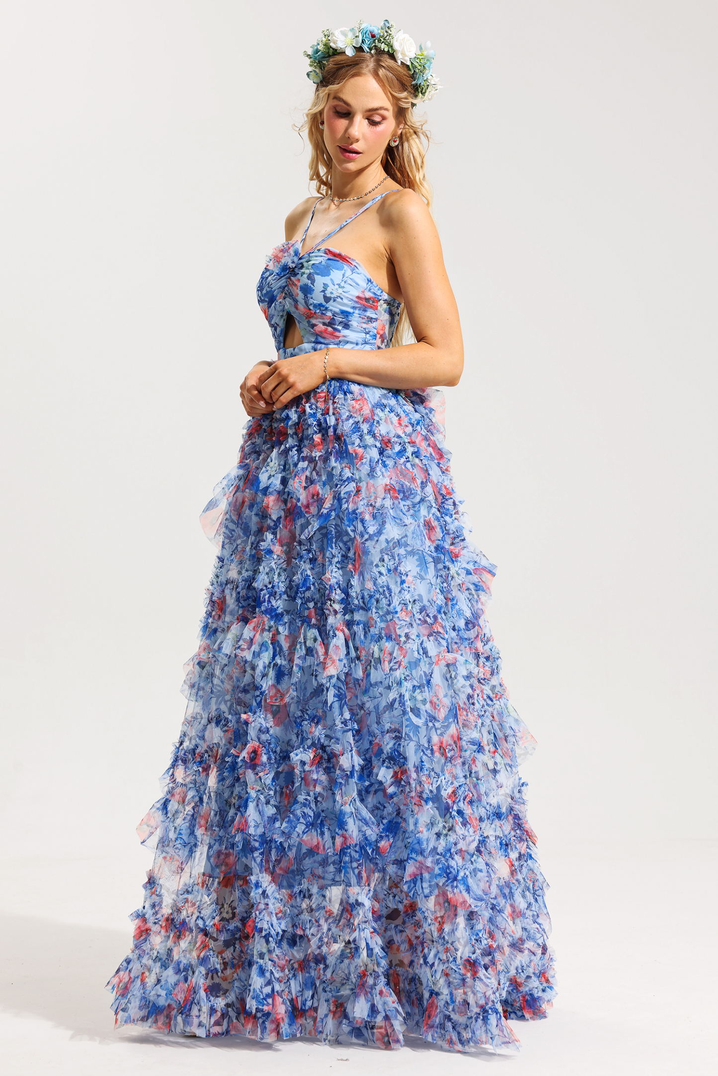 3D Floral Halter Neck Frill Maxi Dress