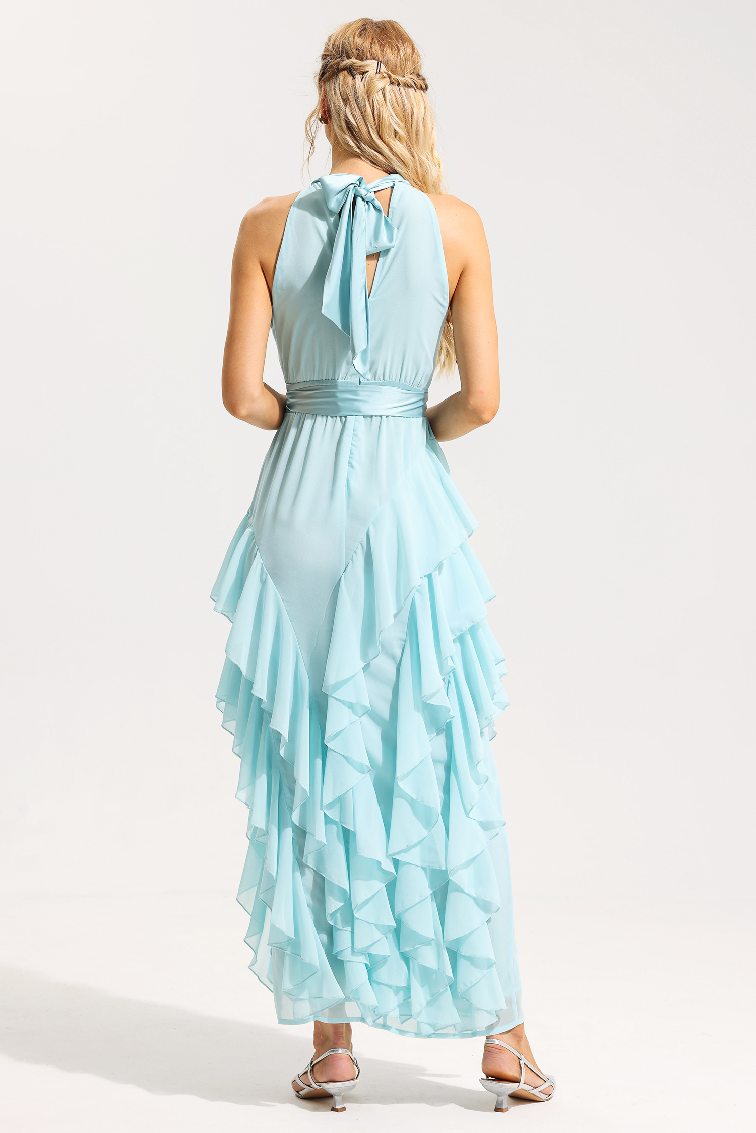 Chiffon Sleeveless Frill Split Midi Dress With Belt