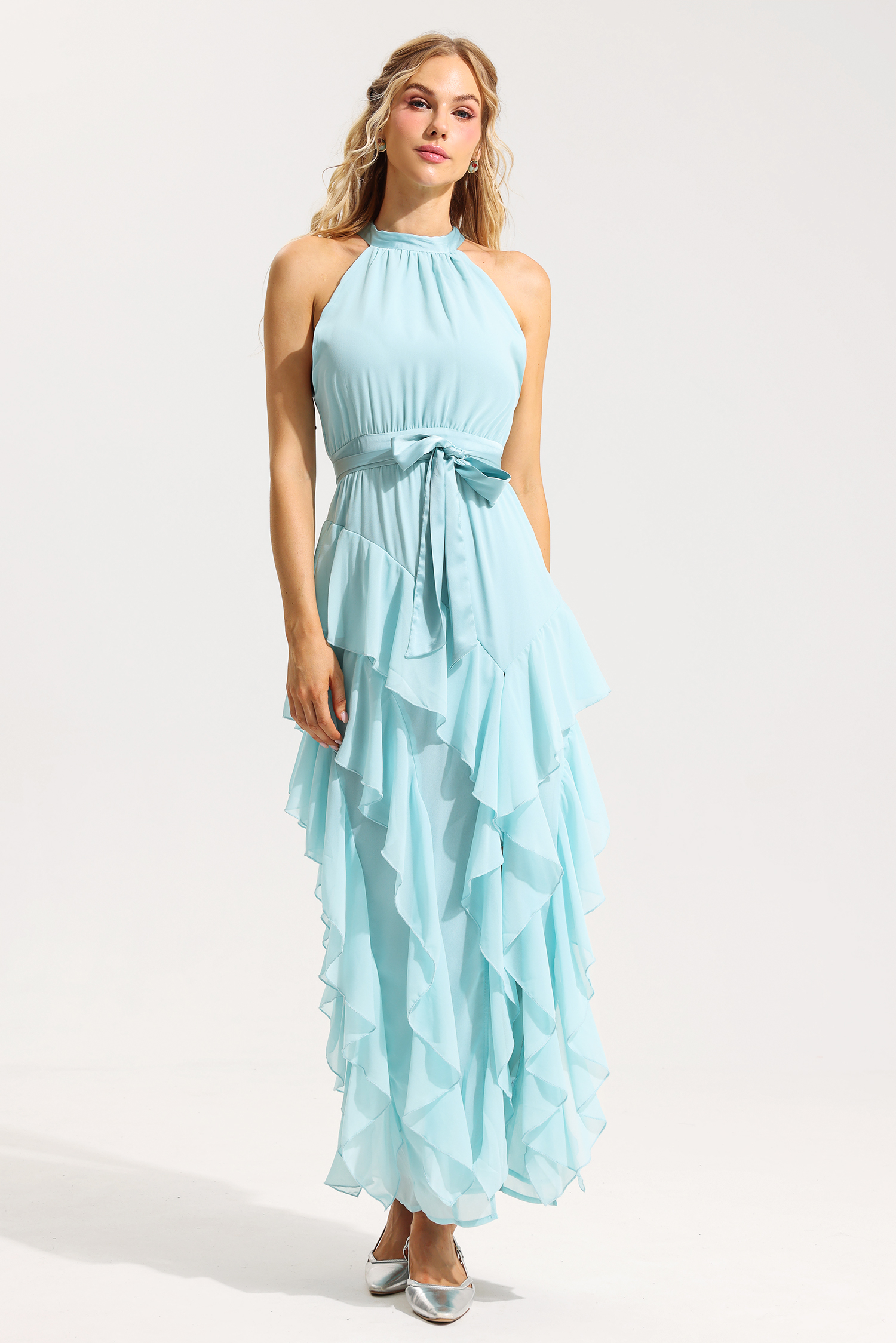 Chiffon Sleeveless Frill Split Midi Dress With Belt
