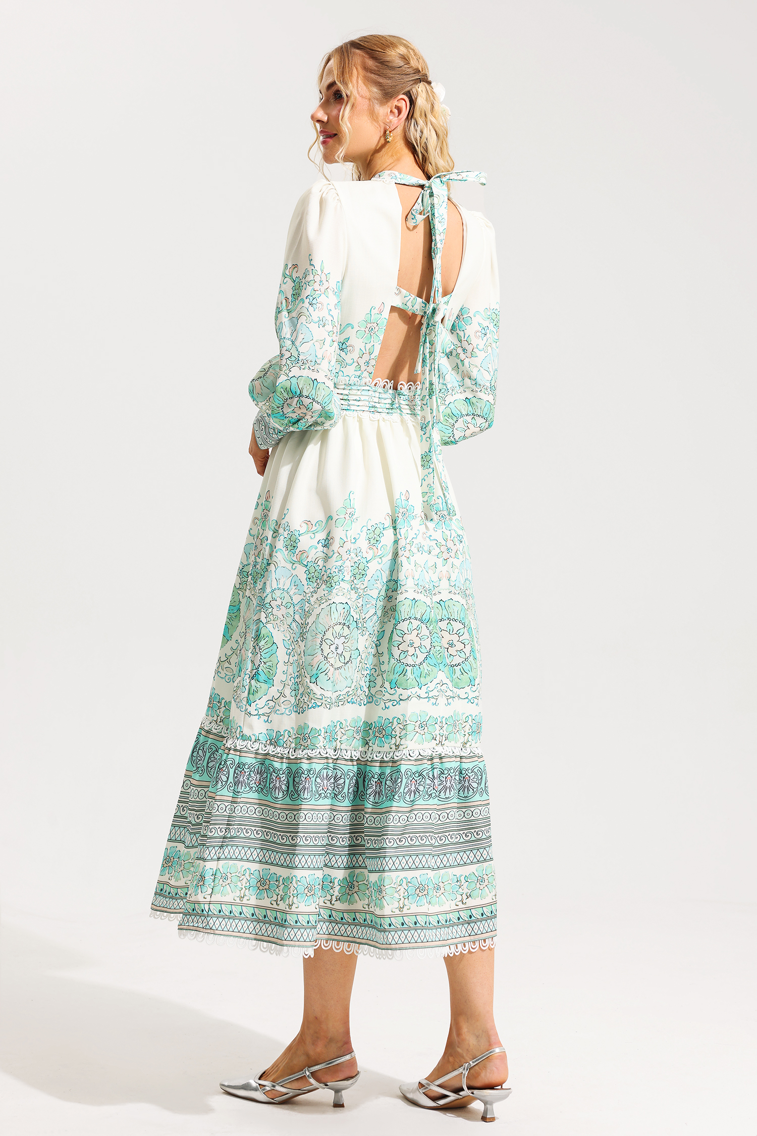 Floral Lantern Sleeve Pleated Midi Dress