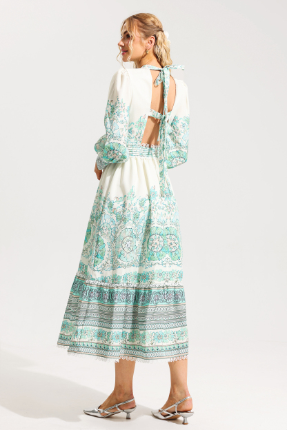 Floral Lantern Sleeve Pleated Midi Dress