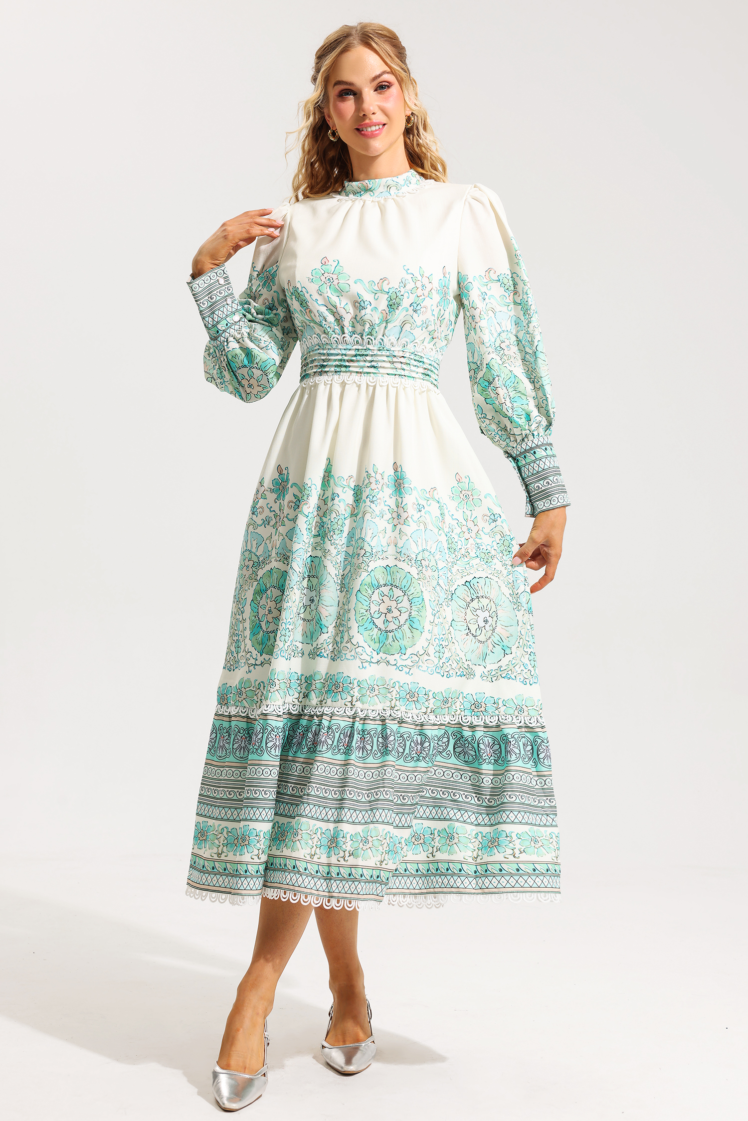 Floral Lantern Sleeve Pleated Midi Dress