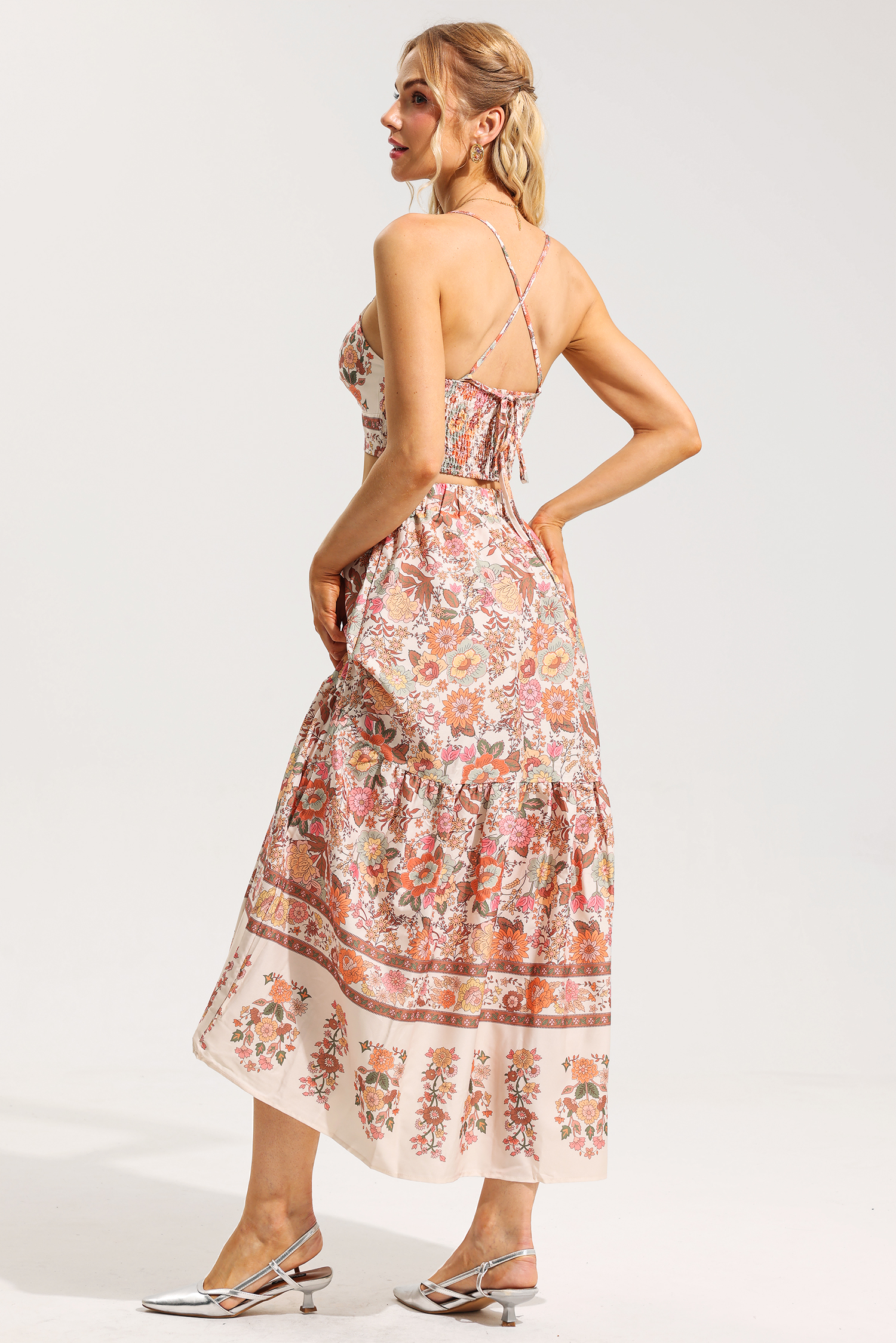 Floral Knotted Mini Top ＆ High Waist Midi Skirt Set