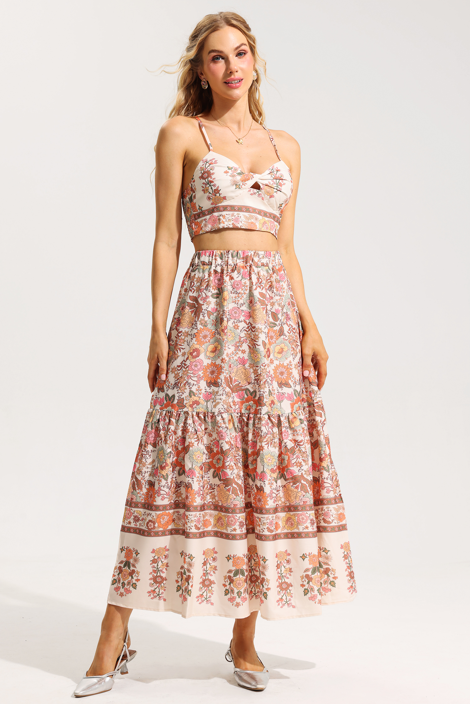 Floral Knotted Mini Top ＆ High Waist Midi Skirt Set