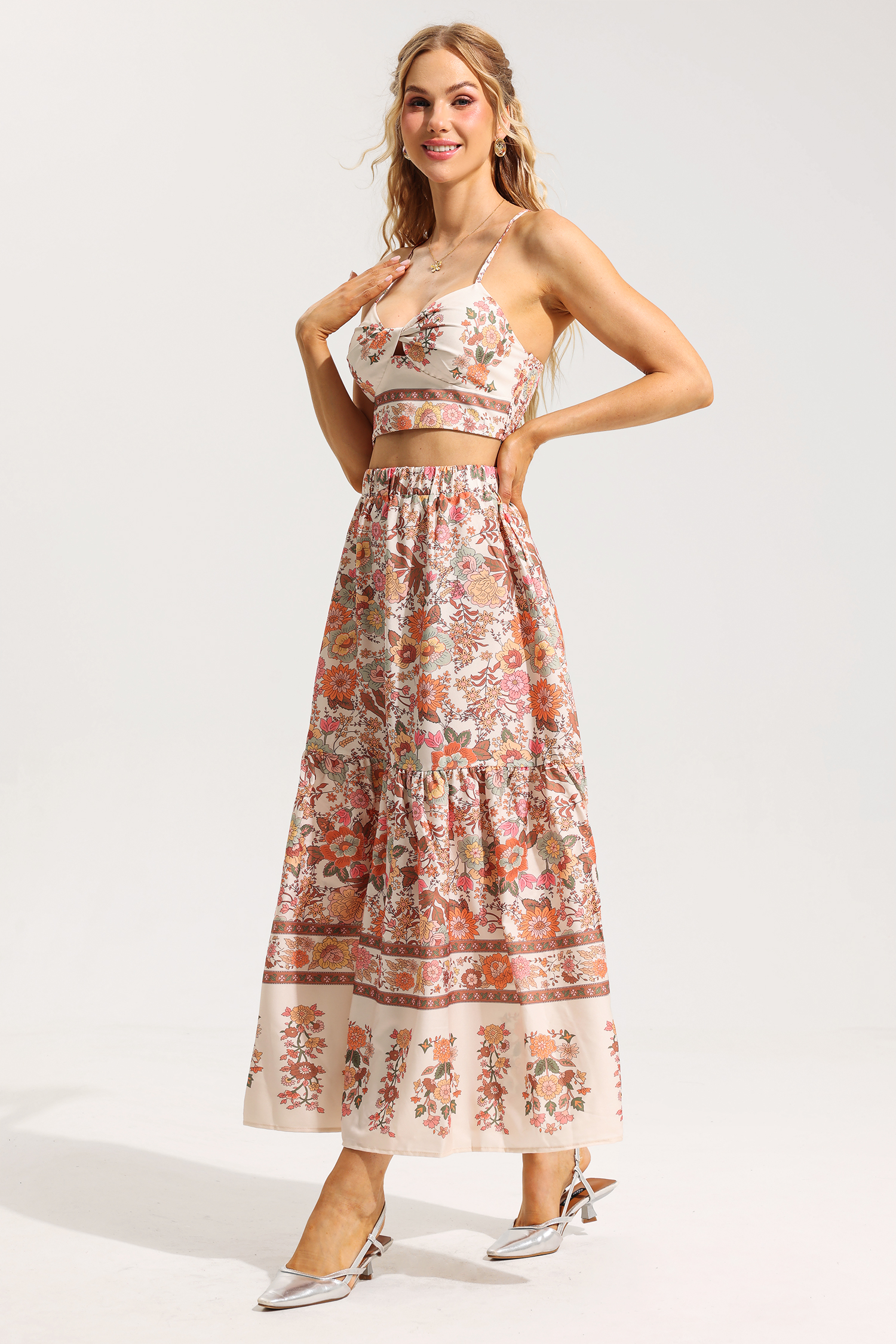 Floral Knotted Mini Top ＆ High Waist Midi Skirt Set