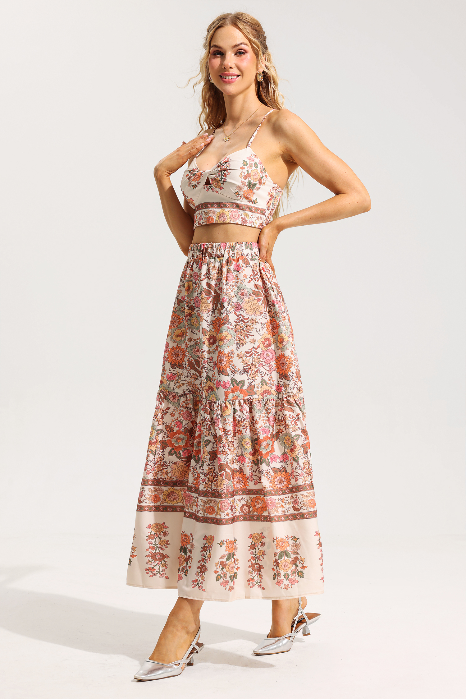 Floral Knotted Mini Top ＆ High Waist Midi Skirt Set