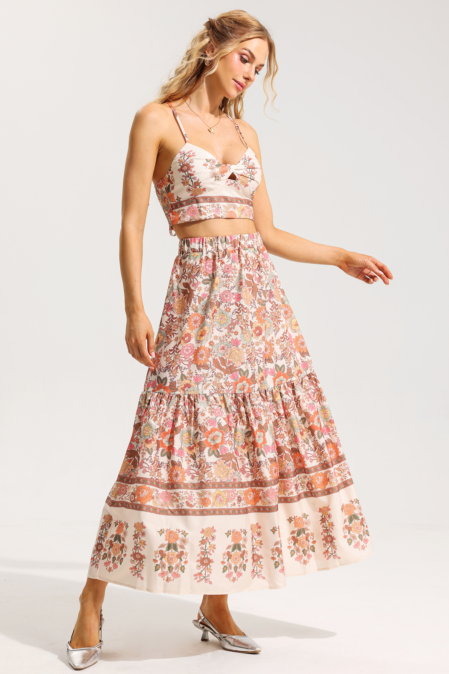 Floral Knotted Mini Top ＆ High Waist Midi Skirt Set