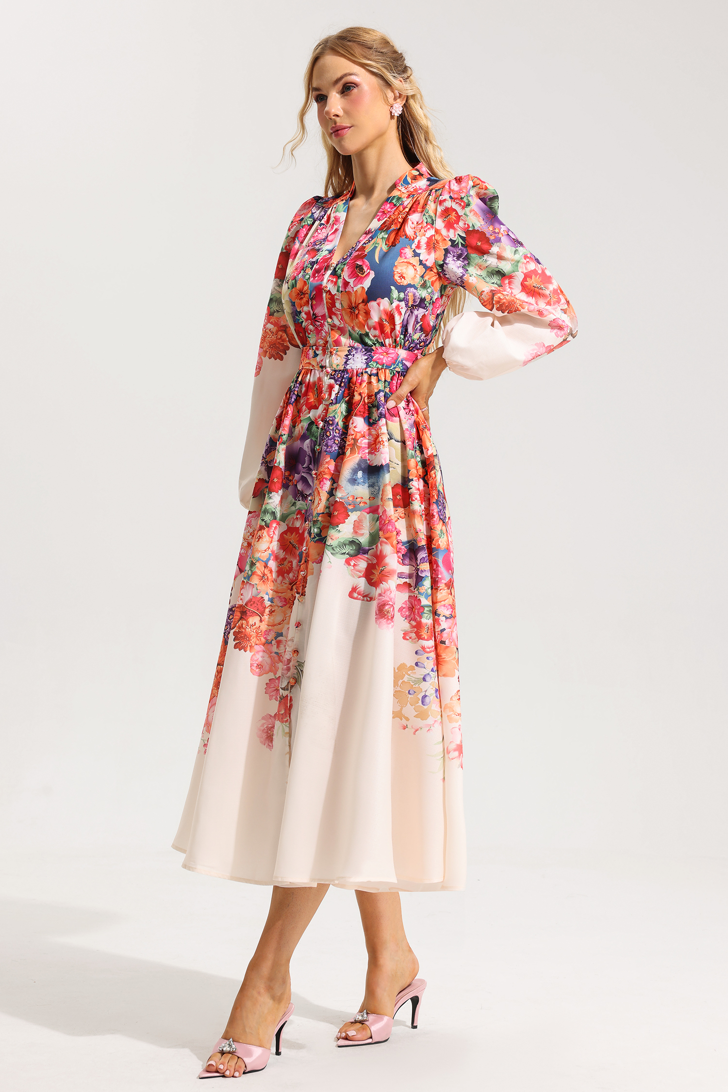Floral Lantern Sleeve Midi Dress