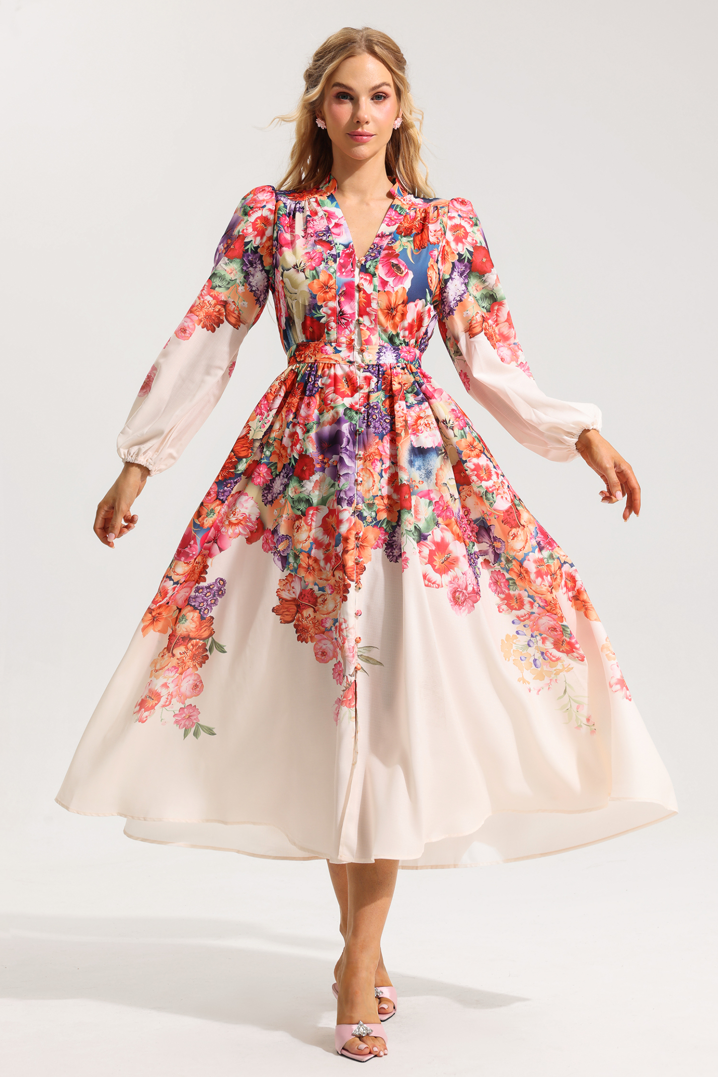 Floral Lantern Sleeve Midi Dress