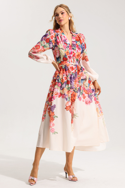 Floral Lantern Sleeve Midi Dress