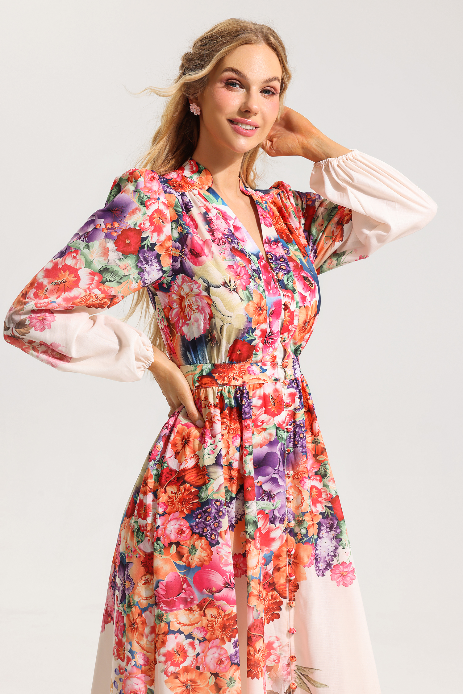 Floral Lantern Sleeve Midi Dress