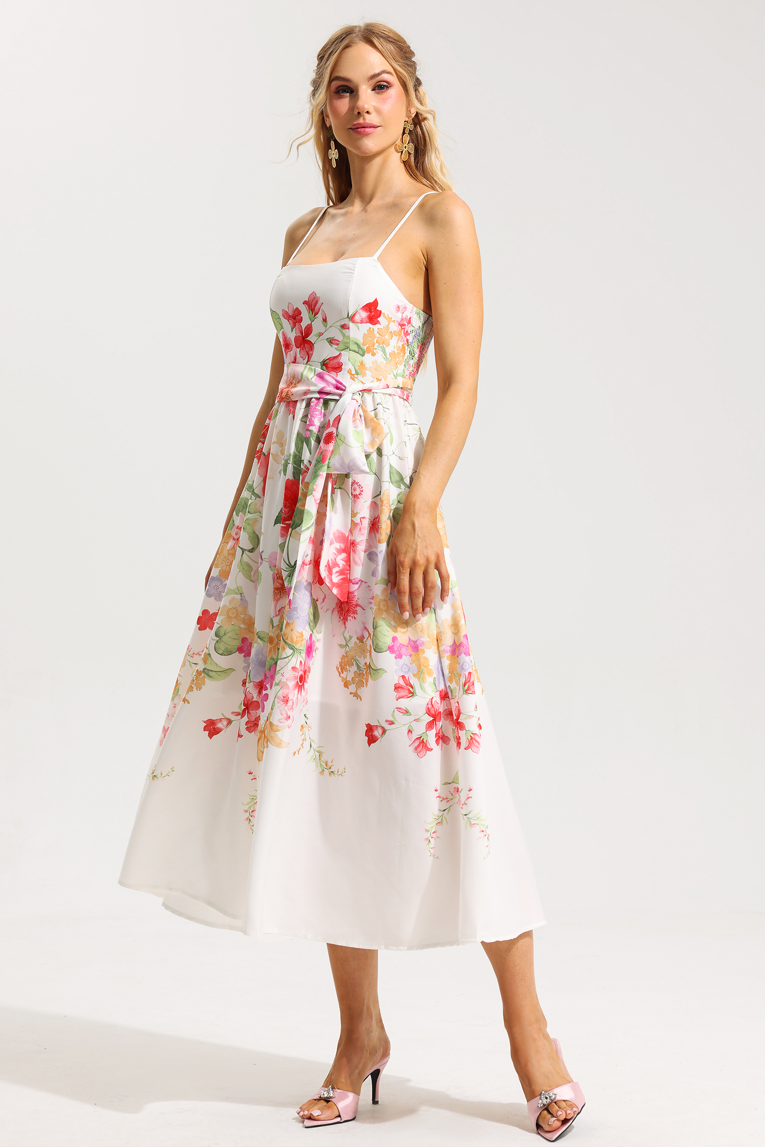 Floral Sleeveless Midi Dress With Belt