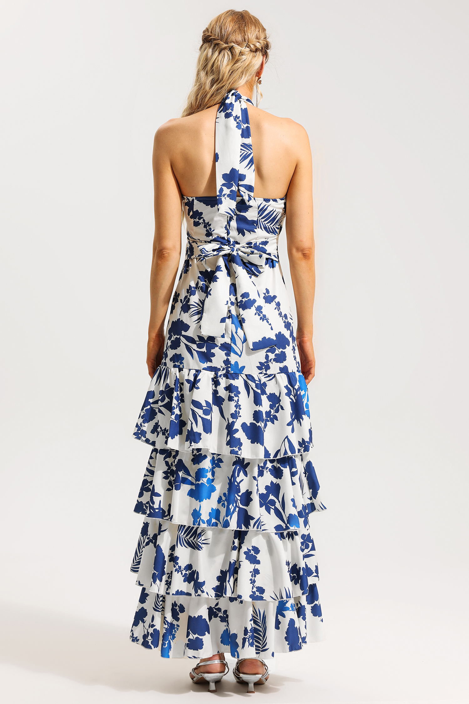 Sleeveless Halter Neck Lace Up Ruffle Hem Midi Dress